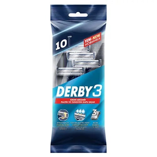 derby zhilet se tig baste 10 adadi.jpg ژیلت سه تیغ دربی DERBY بسته 10 عددی با جنس تیغه پلاتینیوم مناسب آقایان و بانوان