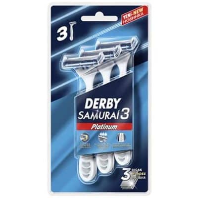 ژیلت سه تیغ دربی DERBY مدل SAMURAI3 بسته 3 عددی با جنس تیغه پلاتینیوم مناسب آقایان و بانوان