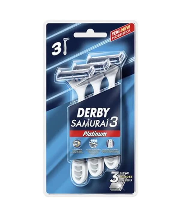 derby zhilet se tig model samurai3 baste 3 adadi.jpg ژیلت سه تیغ دربی DERBY مدل SAMURAI3 بسته 3 عددی با جنس تیغه پلاتینیوم مناسب آقایان و بانوان